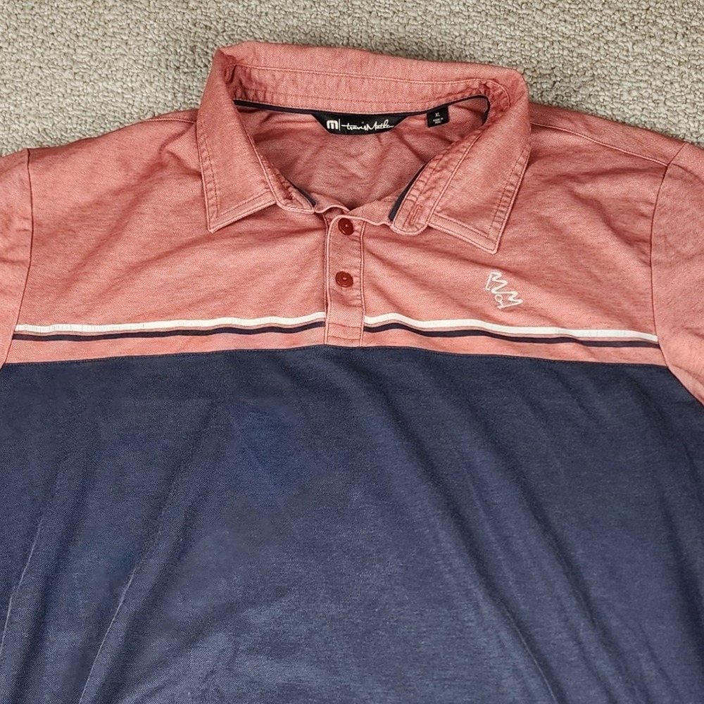 TravisMathew Polo Shirt Size L Colorblock Pima Cotton Blend Short Sleeve Blue